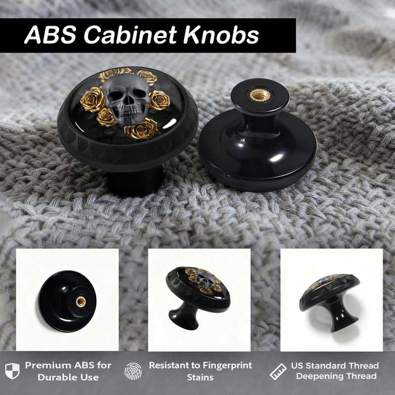 12 Pack Gothic Black Skull Golden Roses Cabinet Knobs for Kitchen | Drawer Pulls Round Dresser Handles Hardware for Desk Cupboard Wardrobe Closet Vanity Door Bathroom Decor 12PCS - 1.37"L x 1.1"W Gothic Black Skull with Gold Roses