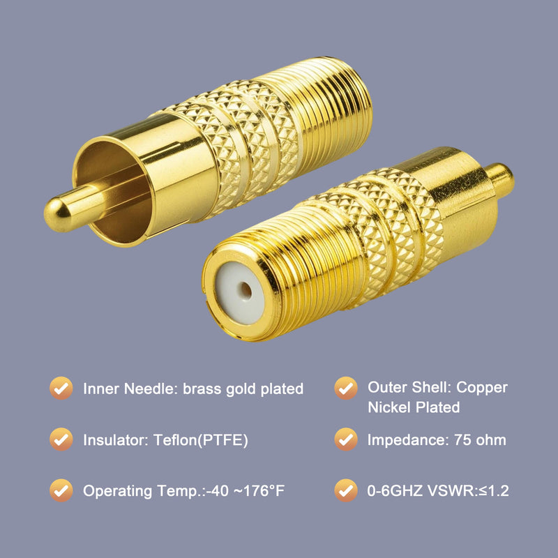 2-Pack RCA Male to F-Type Female Coaxial Adapter 75-Ohm Gold-Plated F to RCA Plug Converter for Antenna TV, Subwoofer, Cable Box, Satellite Receiver, CCTV