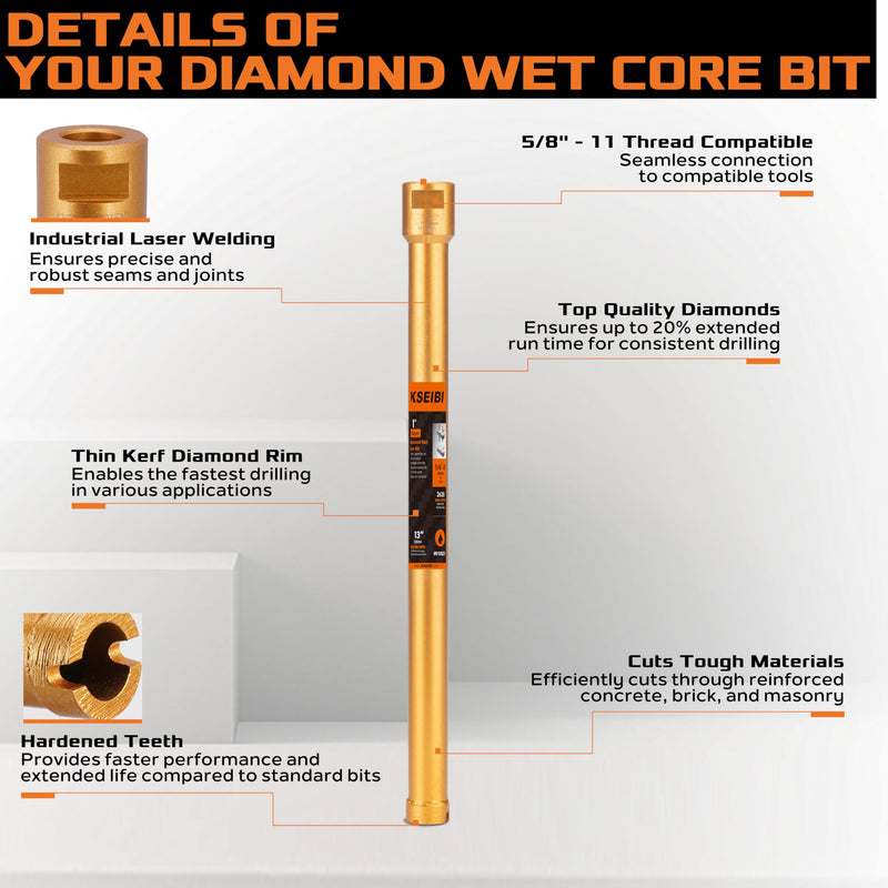 KSEIBI 619025 Wet Concrete Core Drill Bit, 1-Inch Diameter for Drilling Concrete, Marble, Granite, Brick, and Hard Masonry 13-Inch Drilling Depth, 5/8"-11 Arbor, 10mm Segment Height Diamond Hole Saw 1" (25MM) Wet Core Bit