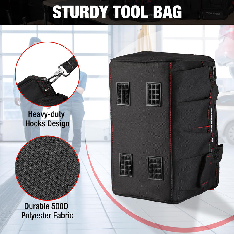 WORKPRO 14-inch Tool Bag, Multi-pocket Tool Organizer with Adjustable Shoulder Strap, W081021A , black Storage Tool Bag 14 inches