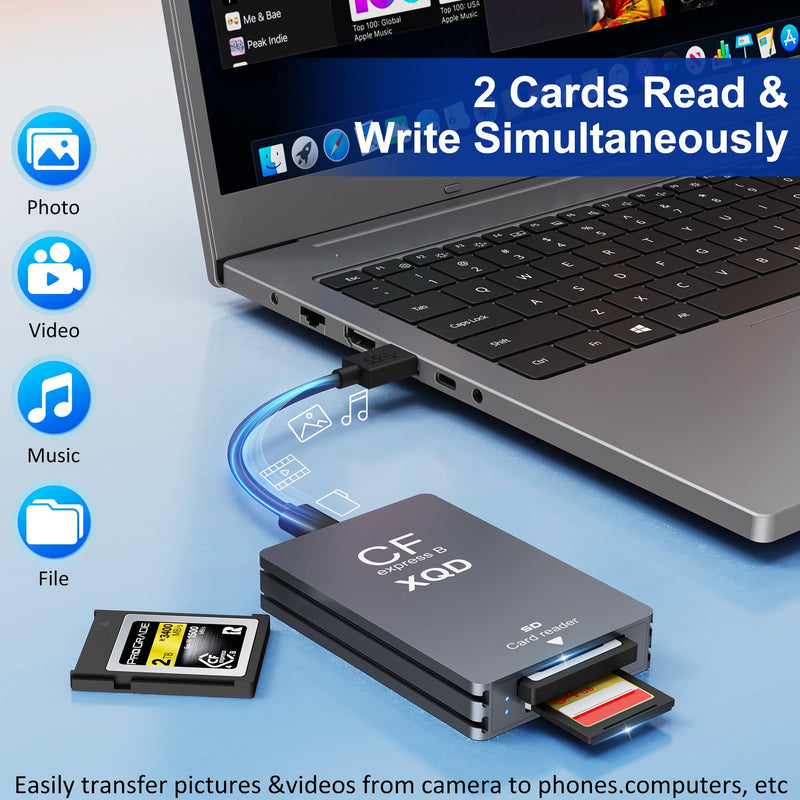 CFexpress Type B/XQD/SD Card Reader, 10Gbps USB3.2 Gen2 3-in-1 Aluminum CFexpress Type B Card Adapter SD/XQD Card Reader with USB C/USB-A Cable for Thunderbolt 3/4 for Photographers & Videographers