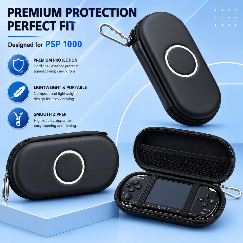 7-in-1 Accessories Kit for PlayStation Portable 1000-Black Carrying Case with Screen Protector, crystal protective cover ,2 joystick caps, charging Cable & wristband hanging rope