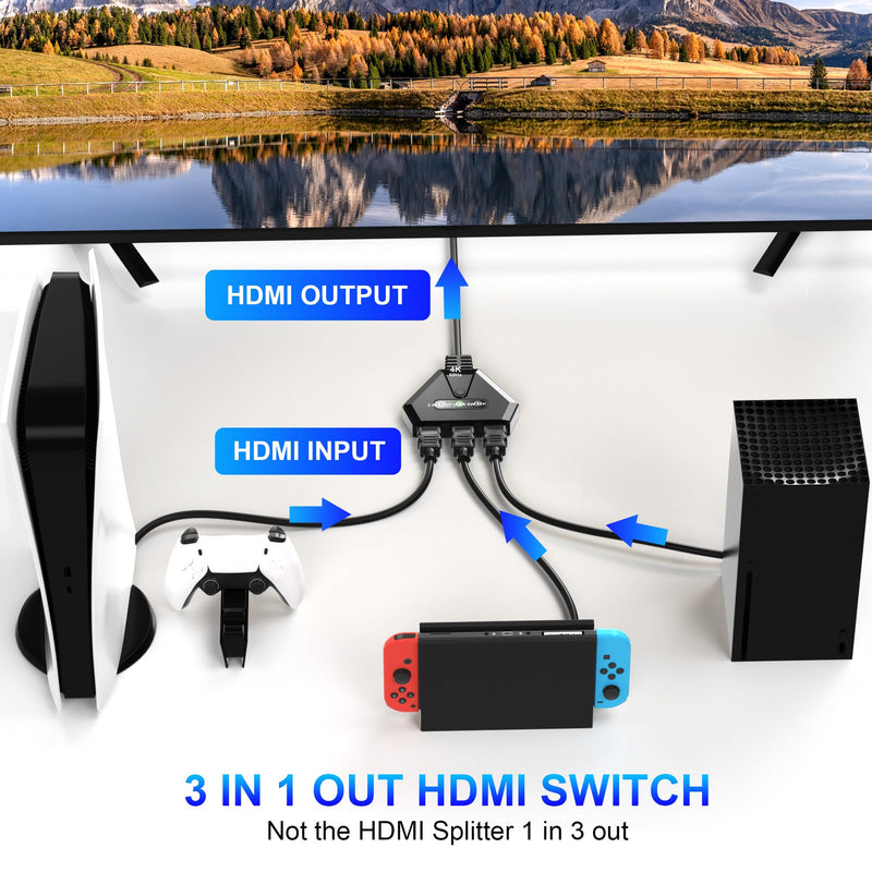 HDMI Switch 3 in 1 Out, 4K@60Hz HDMI Switcher with Gold Plated Ports, Plug & Play, Supports Full HD 1080P 3D Compatible with Roku TV Stick HDTV PS4/PS5 Xbox, Ideal for Home Theater, Gaming, Streaming