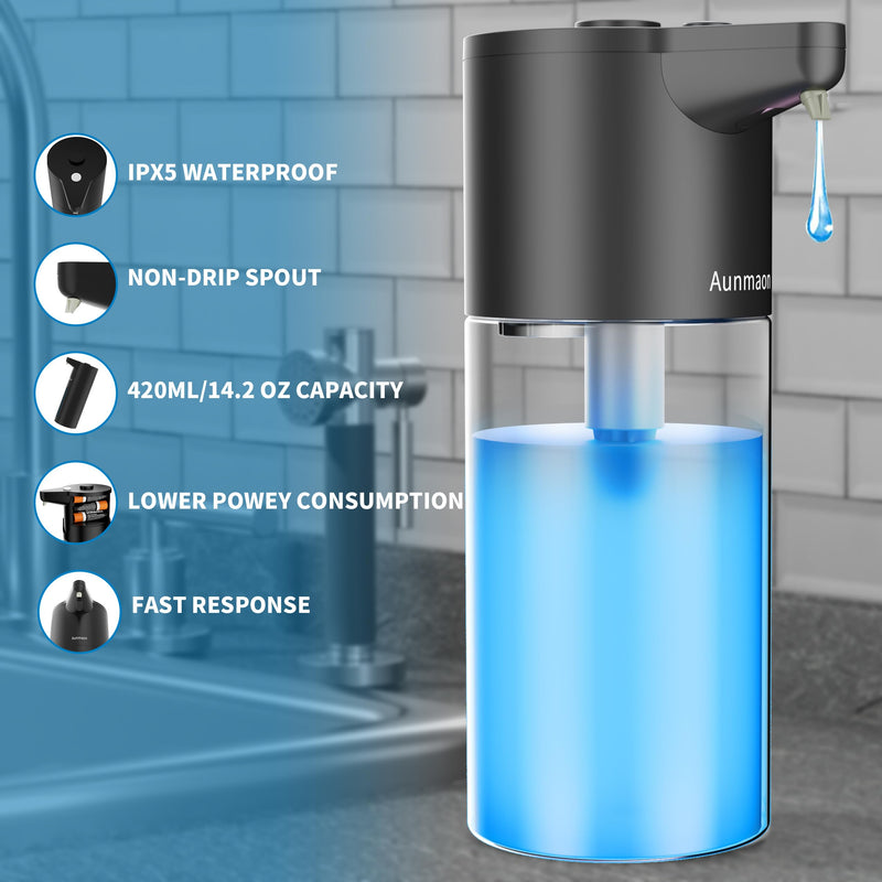 Automatic Soap Dispenser Touchless,Simple Physical Adjustment,Low Battery Consumption Hand Dish Soap Dispenser Kitchen Bathroom,Hands Free Auto Transparent Matte Black