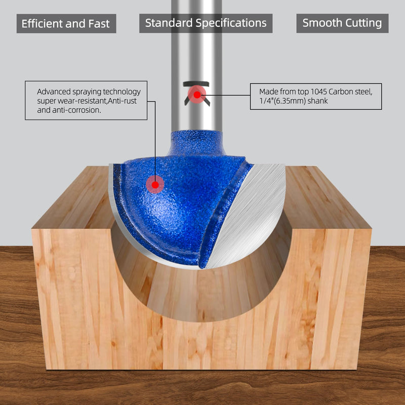 8Pcs Cove Box Round Nose Router Bit Set 1/4 Inch Shank, Carbide Tipped Core Box Router Bit-1/4 5/16" 3/8" 1/2" 5/8" 3/4" 7/8" 1" Cutting Diameter, for DIY, Woodworking Project 1/4" to 1" Cutting Diameters 1/4" Shank