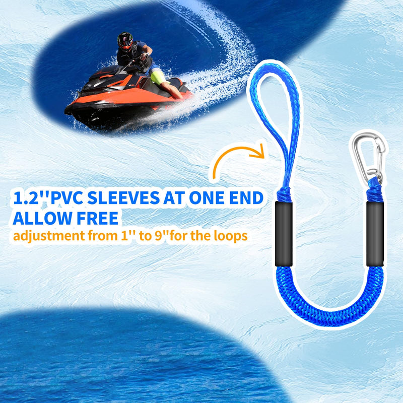 Bungee Dock Lines for Boats 2FT, Boat Tie Downs for Dock with Hooks, Elastic Dock Ties for Small Boat Jet Ski Kayak Mooring (2 Foot, 2-Pack, Blue)