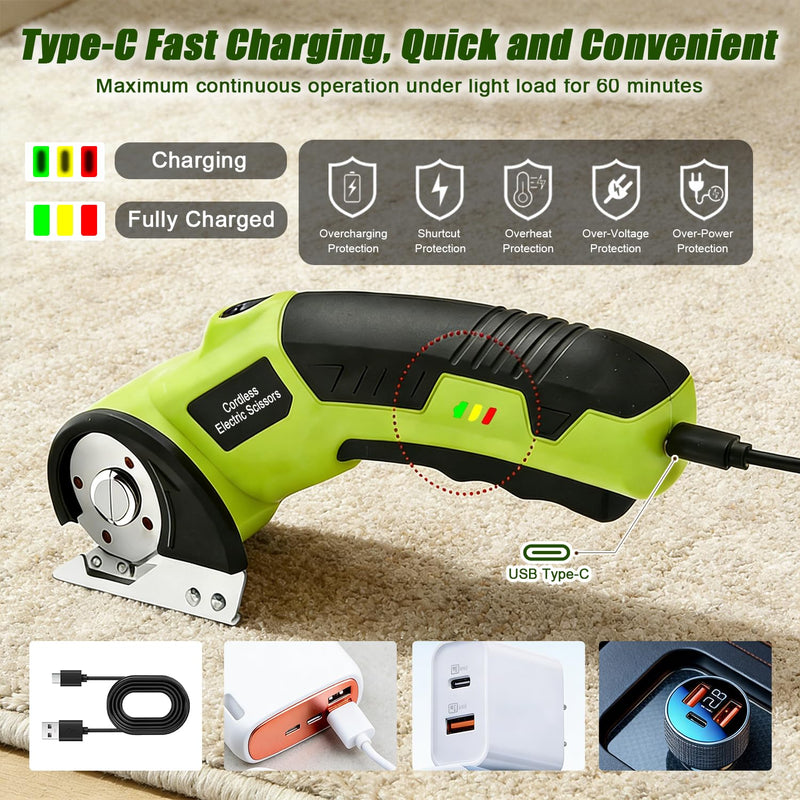 Cordless Electric Scissors, 4V Rechargeable Rotary Cardboard Cutter, 2 Blades, Safety Lock & LED Light, Multipurpose Cutter for Carton, Fabric, Carpet, Plastic, Leather