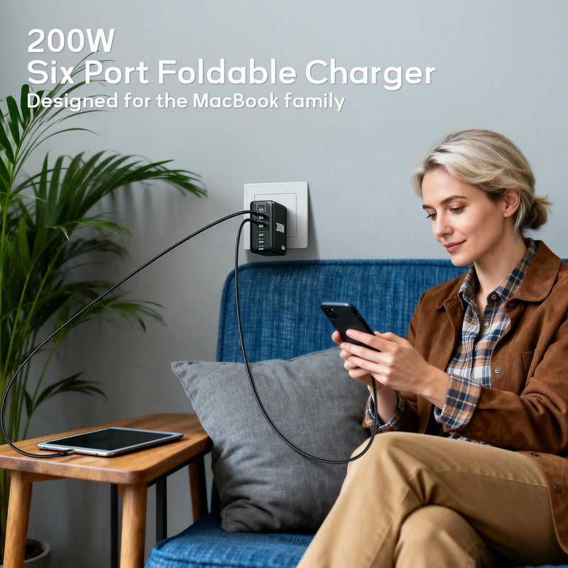 2 Pack USB C Charger Block, 200W GaN Super Fast Charger Type C Fast Charging 6 Port Foldable PD Charging Station for All Phone/Android Samsung Galaxy S25/S24/MacBook iPad Black