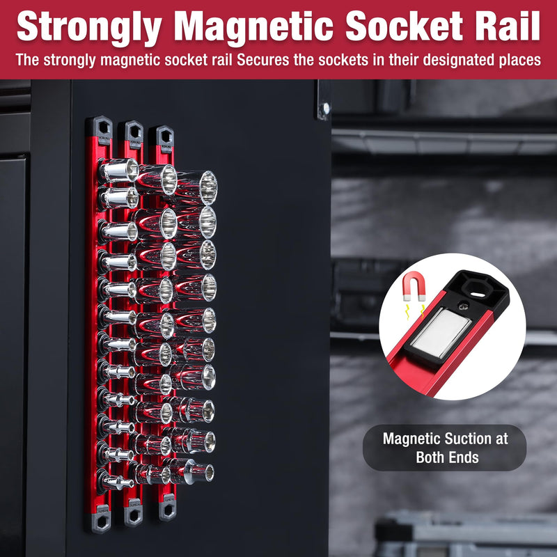WORKPRO Magnetic Socket Organizer Set, 3-Piece Aluminum Alloy Socket Rail, Heavy Duty Socket Holder, Socket Rack Kit 1/4-Inch x 12 Clips, 3/8-Inch x 10 Clips, 1/2-Inch x 10 Clips (Red) 3 Pieces-1/4", 3/8", & 1/2" DR Red