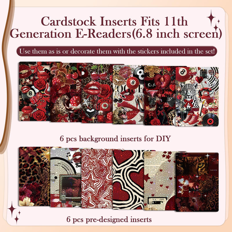 Rngmsi Insert Cardstock for Clear Case - 12Pcs Red Cherry Leopard Print Cardstock Inserts Compatible with Kindle Paperwhite 11th-12th, 50Pcs Vintage Y2K Stickers for E-Reader Clear Back Cover