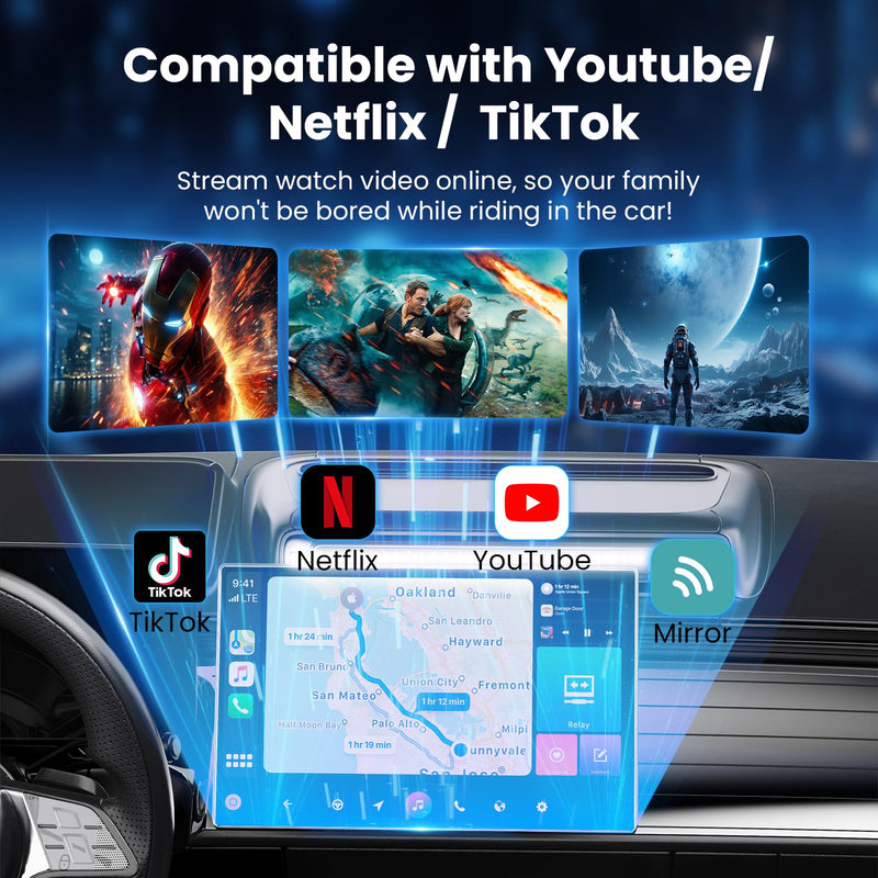 3-in-1 Magic Video Box—Wireless CarPlay & Android Auto Adapter Support Netflix,YouTube,TikTok,TF Card,Wired-to-Wireless Conversion, No Latency Car Play AI Box for Cars from 2016 & IOS10+/Android 11+ Black
