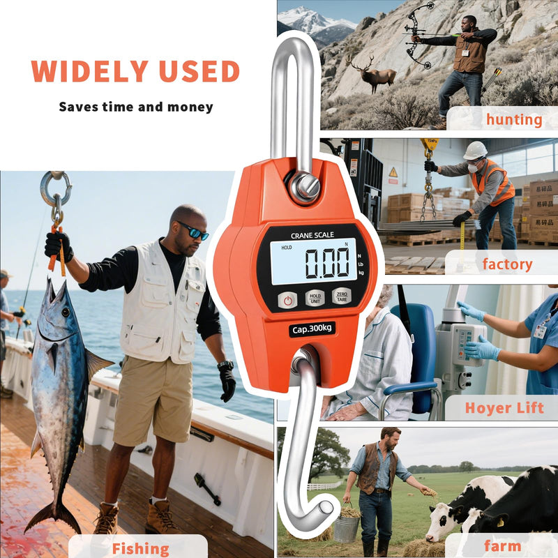 Hanging Scale 660lb/300kg - High-Accuracy Crane Scale with Aluminum Frame and LCD Display. Functions as Fishing Scale and Luggage Scale. for Farm, Hunting, Fitness, and Travel Weighing 300kg/0.1lb