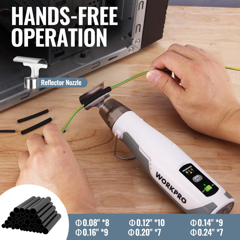 WORKPRO 7.2V Cordless Mini Heat Gun for DIY Crafts, 4000mAh Hot Air Gun, 1.5s Fast Heating, 3 Temp Settings (Cool/572°F/842°F), USB-C Rechargeable — Perfect for Halloween Crafts & Decorations White