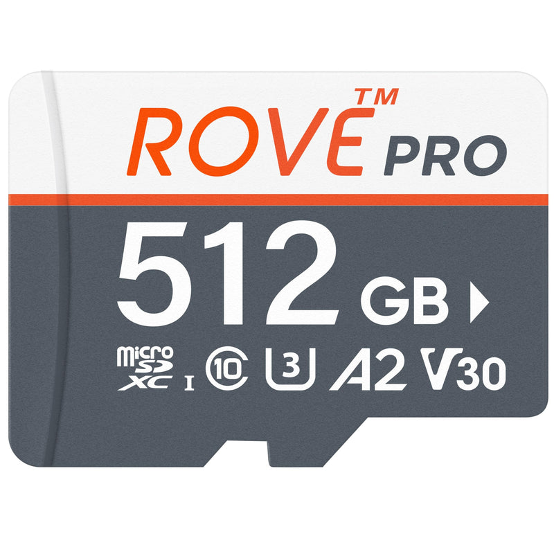 ROVE PRO Micro SD Card microSDXC 512GB Memory Card with Full-Size SD Adapter 100MB/s Read Speed, C10, U3, V30, 4K, A2 for Dash Cam, Android Smart Phones, Tablets, Games