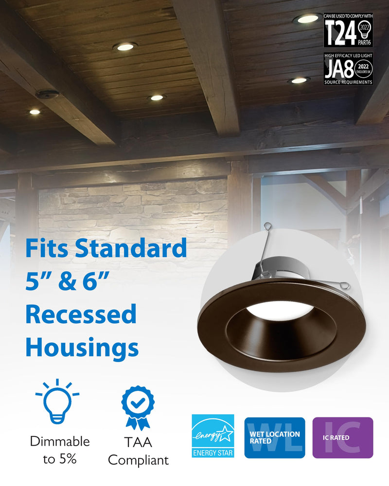 Recessed Ceiling Lights LED Downlight - 5/6 inch LED Recessed Light Fixtures - Selectable CCT 2700K-5000K, 918 Lumens, 10.3W - DLR56 Retrofit Ceiling Light, Bronze, 1-Pk by NICOR Lighting Oil-Rubbed Bronze 1 Pack