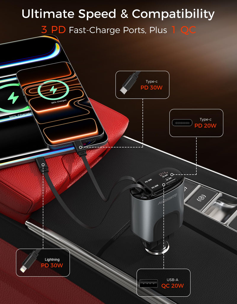 Retractable Car Charger 100W, Phone Charger USB C Fast Charging, 4 in 1 | Cigarette Lighter Adapter for iPhone 17 16 15 14 13 12 11 Samsung Pixel, Travel Essentials Car Accessories Gifts for Him Her
