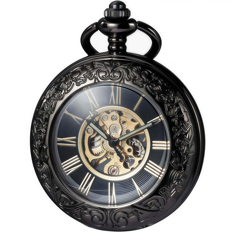 Mechanical Pocket Watch, for Men Women Special Magnifier Half Hunter Engraved Case Roman Numerals with Chain Af. Black Black + Wooden Box
