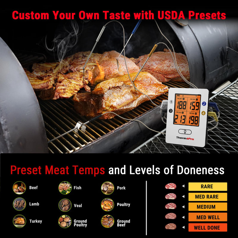 ThermoPro TP25 650FT Wireless Meat Thermometer with 4 Probes, Bluetooth Meat Thermometer for Cooking, BBQ Oven Food Smoker Thermometer Rechargeable White