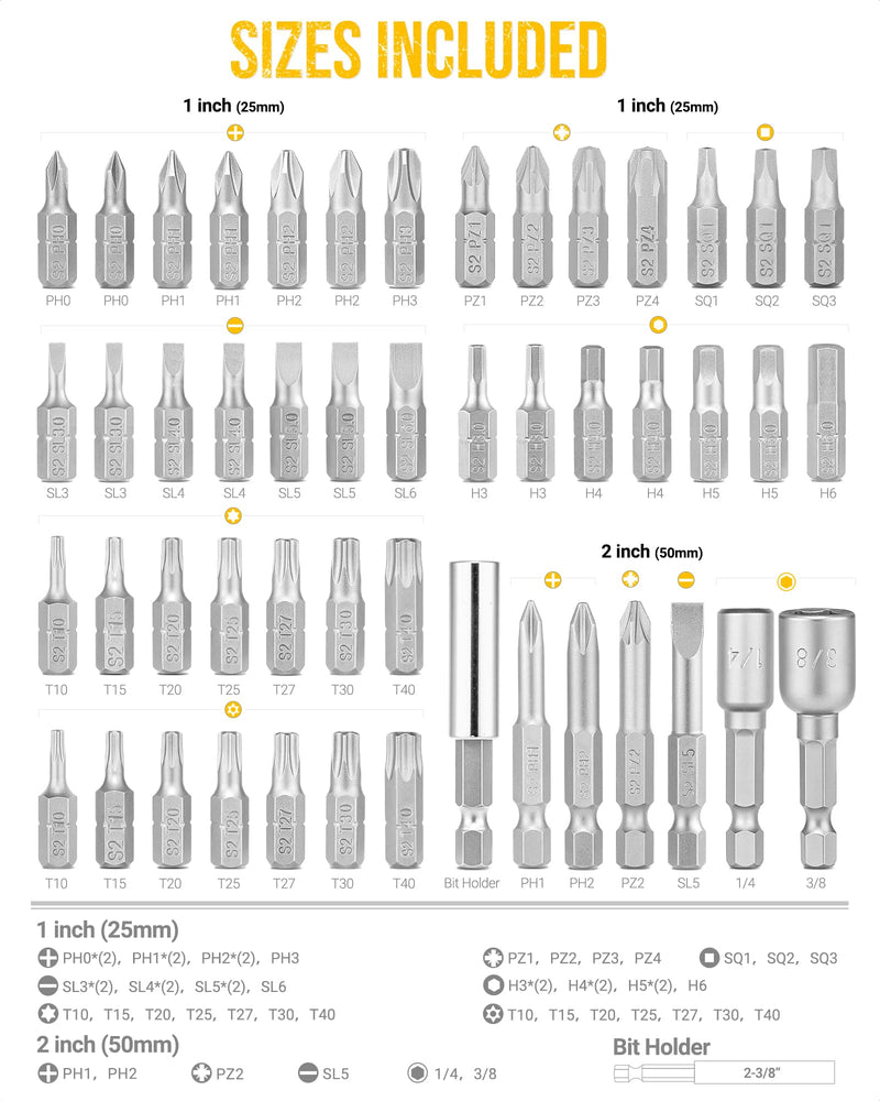 49PCS Screwdriver Bit Set, S2 Steel Magnetic Nut Driver Bit Set, includes Hex, SQ, Tamper Proof Torx Security Bit Set, PH, SL, and PZ Bit, with 1/4” Hex Drill Bit Extension, Upgraded Version