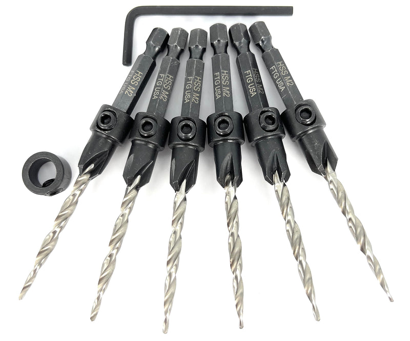 FTG USA 6 Pc #8 (11/64") Countersink Drill Bit Set with Tapered Drill Bits | 6 counter sink drill bit for wood, all same size. Includes 1 depth stop 3/8", 1 hex key; pre-drill woodworking boring tool Same Sort 6 Pc