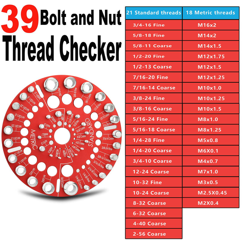 39 Nut and Bolt Thread Checker - Bolt Size Finder Standard and Metric Bolt and Nut Identifier 21 Standard & 18 Metric Thread Identifier Gauge with Hanging Hole (Circle Shape)
