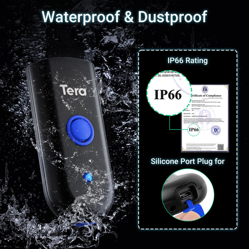 Tera Mini 1D Barcode Scanner: Pocket Waterproof Wireless Laser Scanner 3 in 1 Compatible with Bluetooth USB Wired Portable Bar Code Reader for Supermarket Logistics Work with iOS Windows Android 1100L 1D Laser Blue