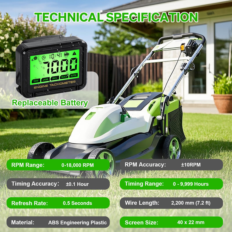 Digital Chainsaw Tachometer Tool Small Engine Tachometer Hour Meter Waterproof Motorcycle Pulse Tacho Meter Replaceable Battery Tiny Tach RPM Meter Gauge for Lawn Mower Dirt Bike Boat Marine UTV