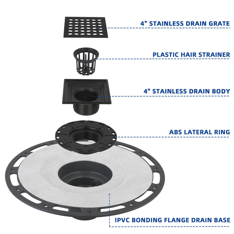 Square Shower Drain, 4-Inch Matte Black Kit with Bonding Flange, Removable Stainless Steel Grate & Hair Strainer, Fits 2" & 3" Pipes for Tiled Floors 4in-Black