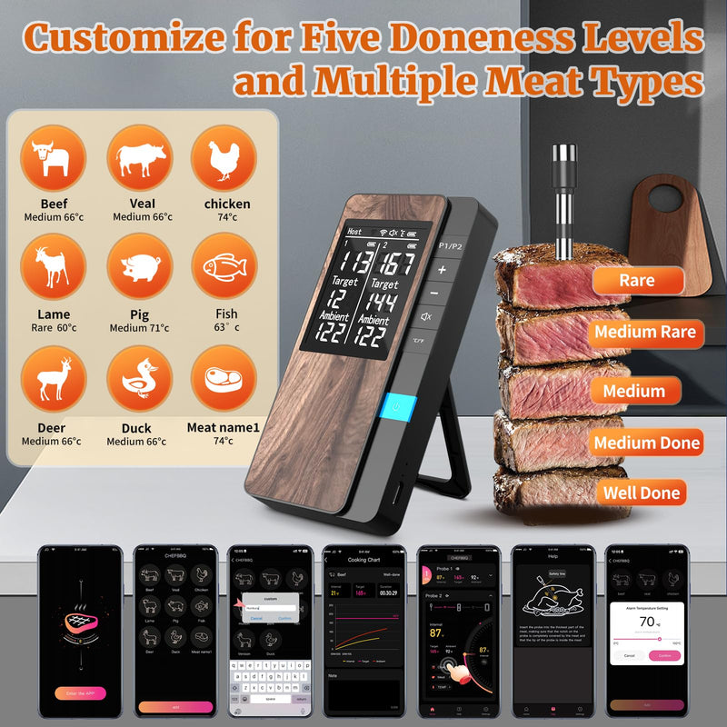 Wireless Meat Thermometer-Multi Sensors Digital Food Thermometer with Ultra-Thin Probes, Accuracy Smart Bluetooth Meat Thermometer for Steak, BBQ, Oven, Grill, Smoker,Recipes in App & Host 2 Probes - Wireless Monitoring (Ultra-Thin)