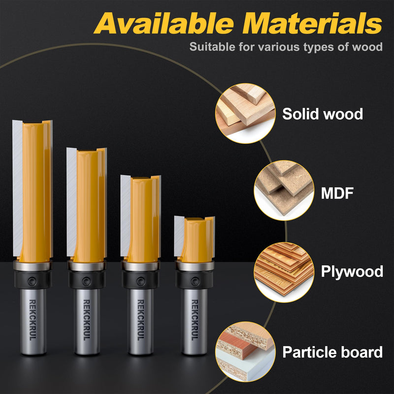 4Pcs Pattern Flush Trim Router Bits Set 1/2 Inch Shank Top Bearing | Carbide Tipped Woodworking Router Bits for Precision Edge Trimming, Cutting Length: 3/4", 1-1/2", 2", 2-1/2" 1/2" Shank 4Pcs