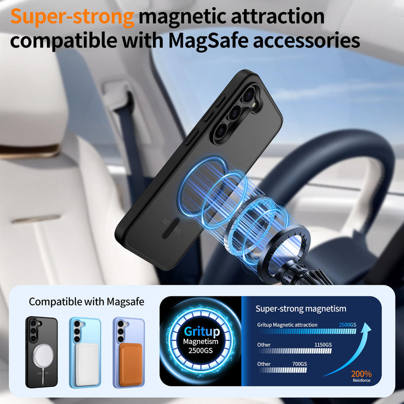 Gritup for Samsung Galaxy S23 Case with 2 PCS Screen Protector (Compatible with MagSafe)(Military Grade Protection) Slim Translucent Matte Shockproof & Anti-Fingerprint Phone Cover for S23,Black Black Galaxy S23(6.2 Inches)