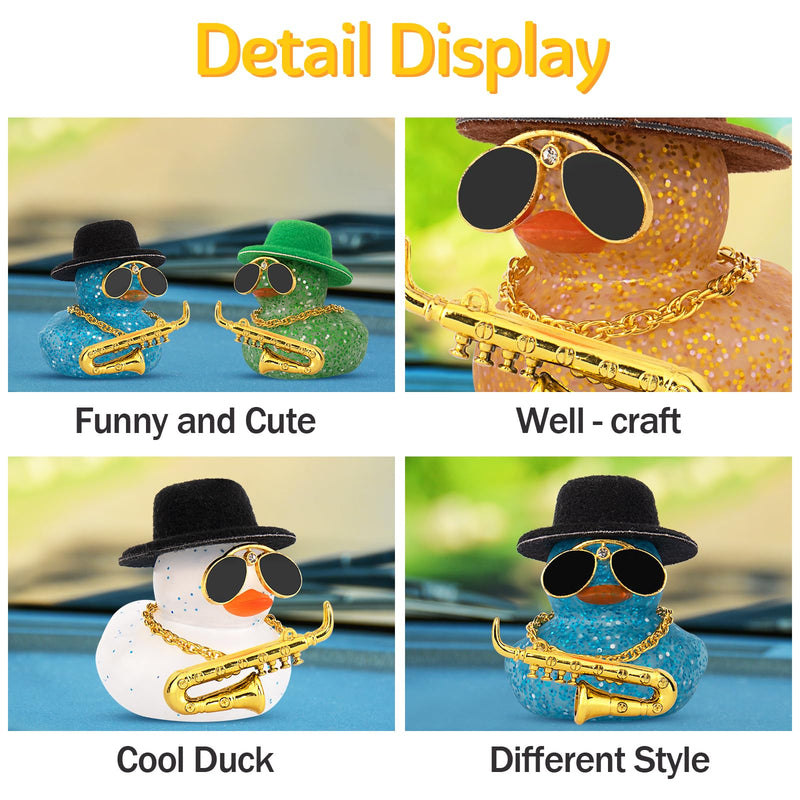 wonuu Car Dashboard Ducks, Saxophone Decor Rubber Duck Car Ornaments with Mini Top Hat Necklace Sunglasses (Light Blue) Glitter Light Blue
