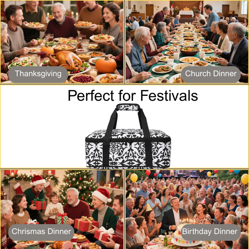 Insulated Casserole Carrier Bag - Portable Thermal Food Delivery Bag for 9x13/11x15 Inch Pan - Keep Meals Hot/Cold 4+ Hours for Catering, Festival Potlucks, Picnics, Family Gathings or Outdoor Events Black/White 16.53x 11.4x 4.7 in