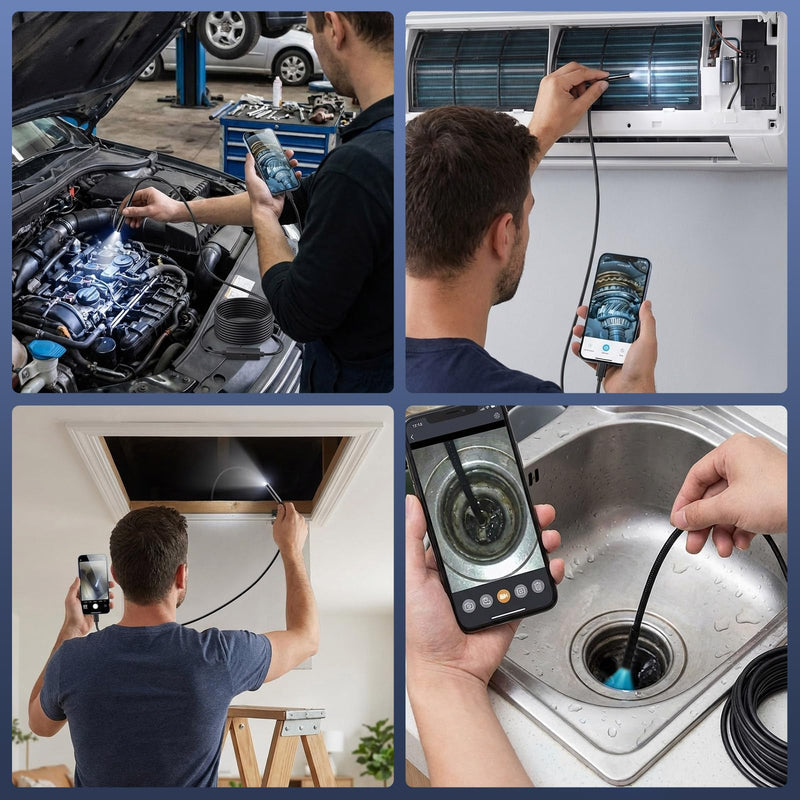 Endoscope Camera with Light, 1920P HD Borescope Camera with 8 Adjustable LED, 16.4FT Semi-Rigid Snake, IP67 Waterproof 8mm Inspection for iOS and Android (Single-Lens) Single Lens-5M