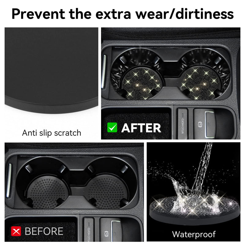 SINGARO Bling Cup Holder Coasters for Car, 2PCS Universal Non-Slip Cup Holder, Embedded Decorative Coasters, Shiny Crystal Car Interior Accessories Gifts for Women (Black) Black