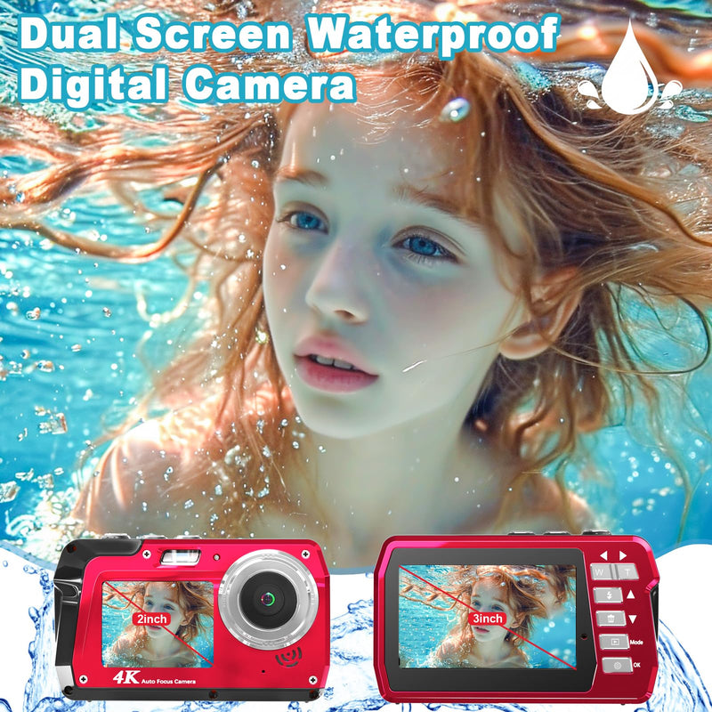 Underwater Camera 4K 48MP Waterproof Digital Camera with 32GB Card, Dual-Screen Selfie (Front & Rear), 10FT/3M Dive for Snorkeling, Surfing, Rafting, Swimming, Travel Red