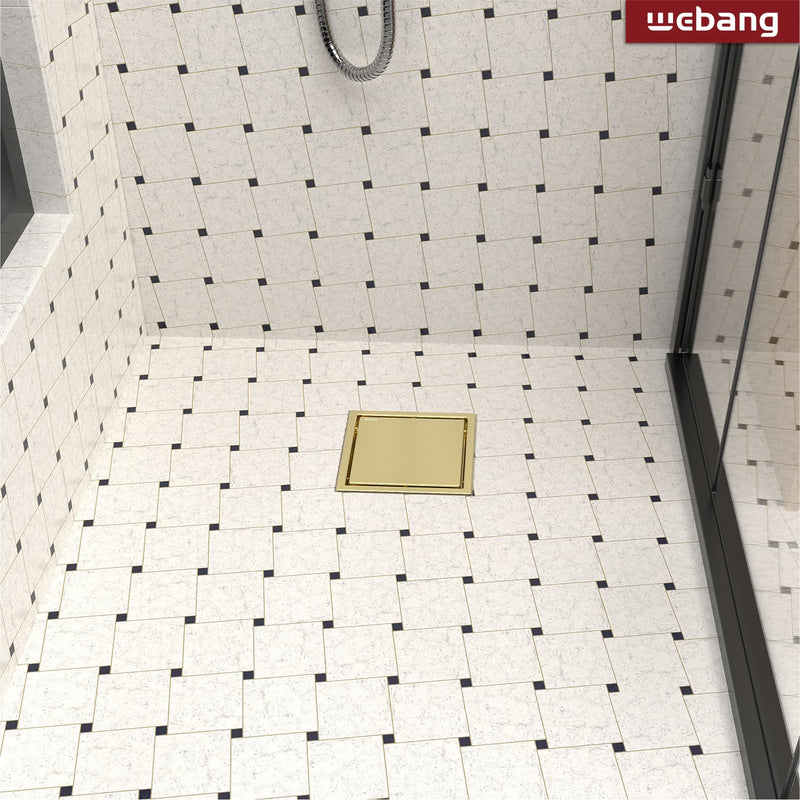 WEBANG 6 Inch Square Shower Drain Gold Floor Drain with Flange Reversible 2-in-1 Cover Tile Insert Grate Removable SUS304 Stainless Steel CUPC Certified Brushed Gold