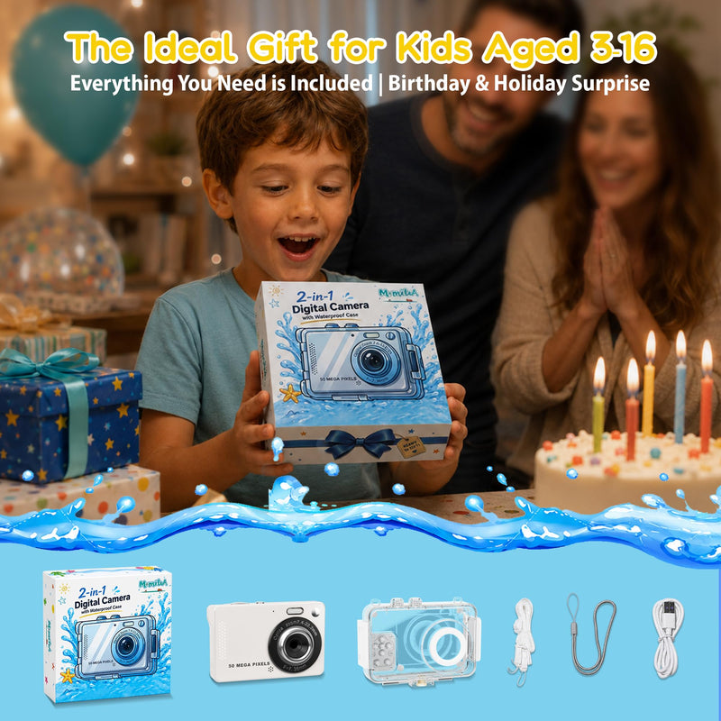 MOMILLA Kids Camera with Waterproof Case, 4K Vlogging Digital Camera | 16X Zoom Autofocus, 50MP Underwater Toddler Camera for Travel, Swimming, Outdoor, Birthday Gifts for 5-16 Year Old Boys Girls White