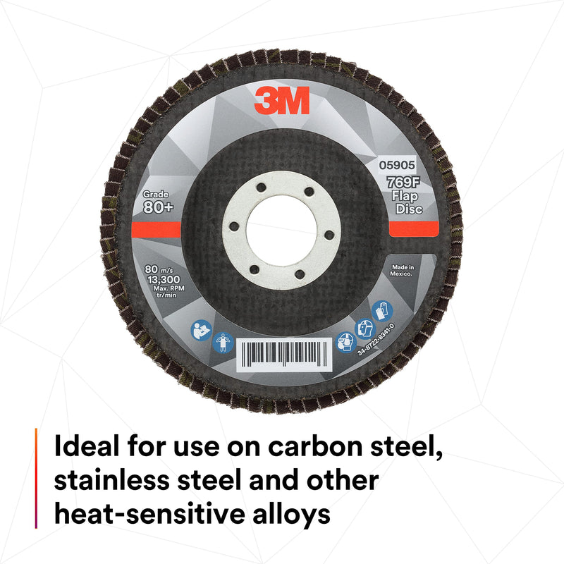 3M Flap Disc 769F, Type 27, 80+, 4-1/2 in x 7/8 in, High Performance Abrasive, Ceramic Precision-Shaped Grain Grinding and Finishing Disc, Carbon Steel, Stainless Steel 4.5 in x 7/8 in T27, 80+