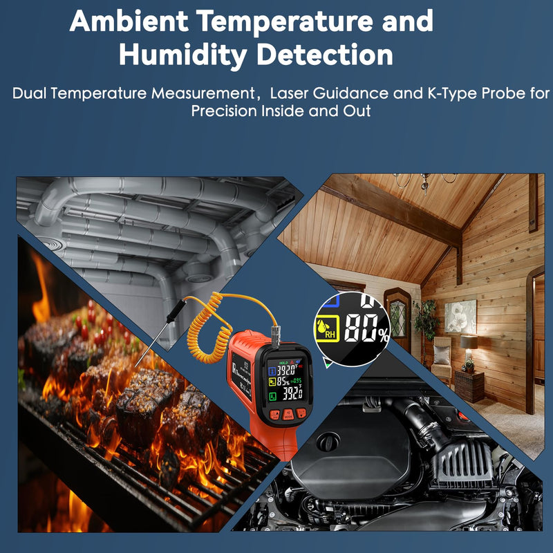 Infrared Thermometer Gun, -58°F to 2732°F, Dual-Mode 50:1 | 932°F K-Type Probe Included，Protective Tool Case Included，Industrial HVAC & Equipment Diagnostics Orange/-58°F to 2732°F and -4°F to 932°F