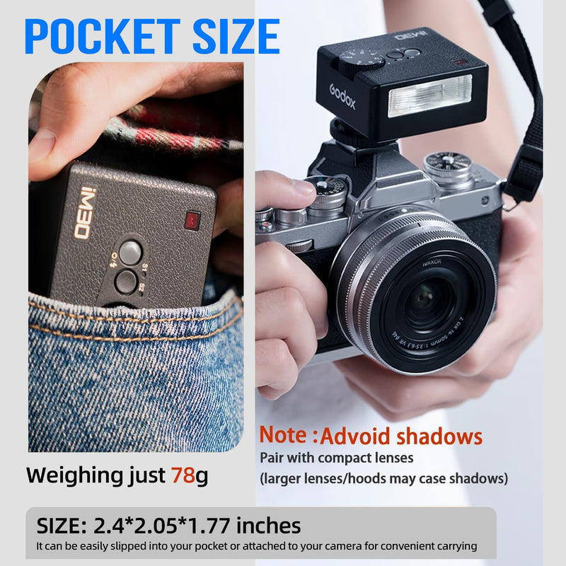 Godox Mini Flash Camera Flash Speedlite for Sony ZV1/ZV-E10, Canon, Nikon, Fuji & Ricoh GR3 GN15, 7-Level Power Adjustment, 230 Flashes with Cameras with Single-Contact Hotshoe and Diffuser square 2.4