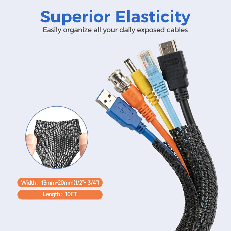 Delamu 10ft - 1/2 inch Cable Sleeve Cord Protector from Pets No Chew, Split-Braided PVC Wire Loom Tubing for Desk Computer USB TV Cord Organizer, Easy Set-up Cable Management Sleeve Kit, Black 1/2"-10ft