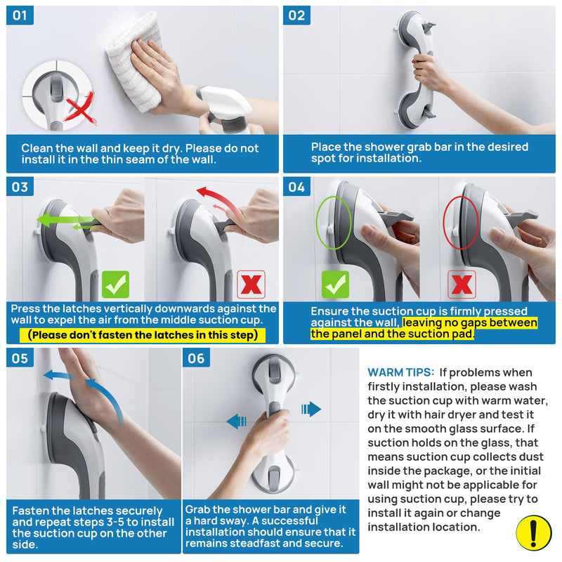 LEVERLOC Grab Bars for Shower 2 Pack Suction Bathtub Safety Rails, Heavy Duty 12 Inch Shower Handle Removable Bath Handrails for Seniors and Elderly, Bathroom Safety Grip No Drilling Waterproof Grey 12.2" 2 Set Gray
