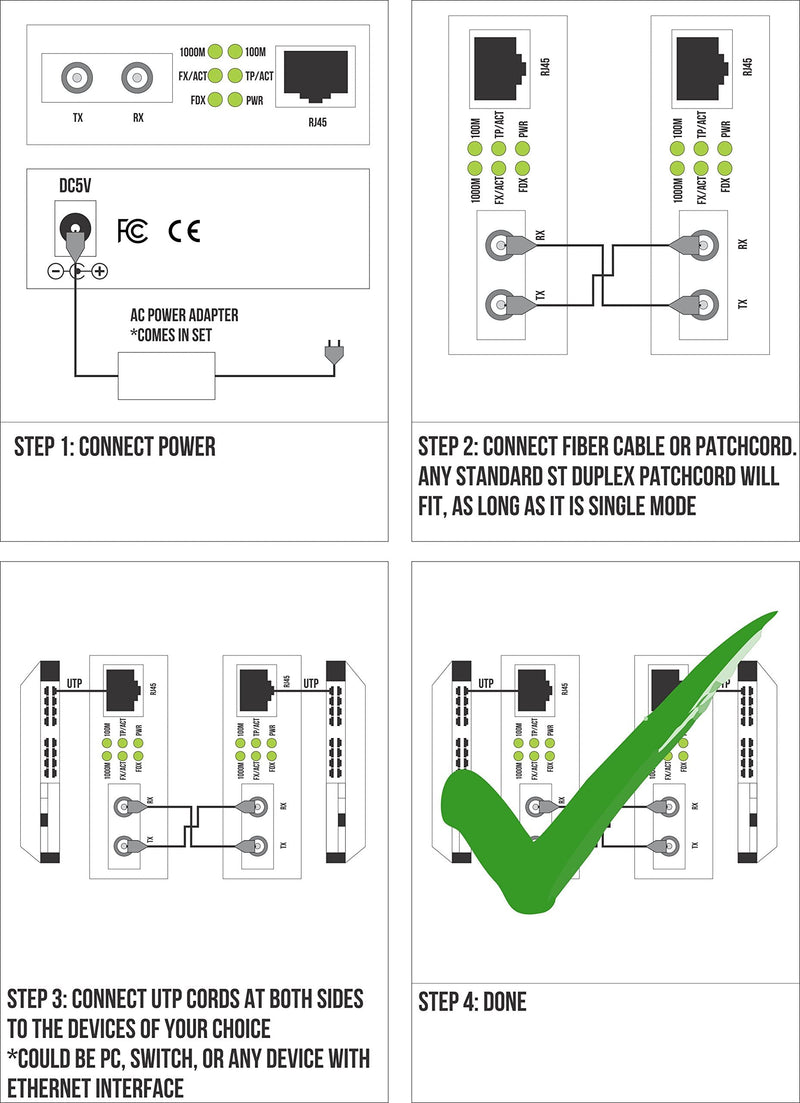 Single Mode ST Gigabit Fiber Media Converter - Built-in Fiber Module 20 km (12.42 Miles) ST – to UTP Cat5e Cat6 10/100/1000 RJ-45 – Auto Sensing Gigabit or Fast Ethernet - Jumbo Frame - LLF Support