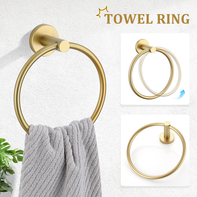 TURS Brushed Gold 5 Piece Bathroom Hardware Set, SUS304 Stainless Steel 24 Inch Bath Towel Bar Set, Round Bathroom Accessories Kit Wall Mounted Set D Brusehd Dark Gold