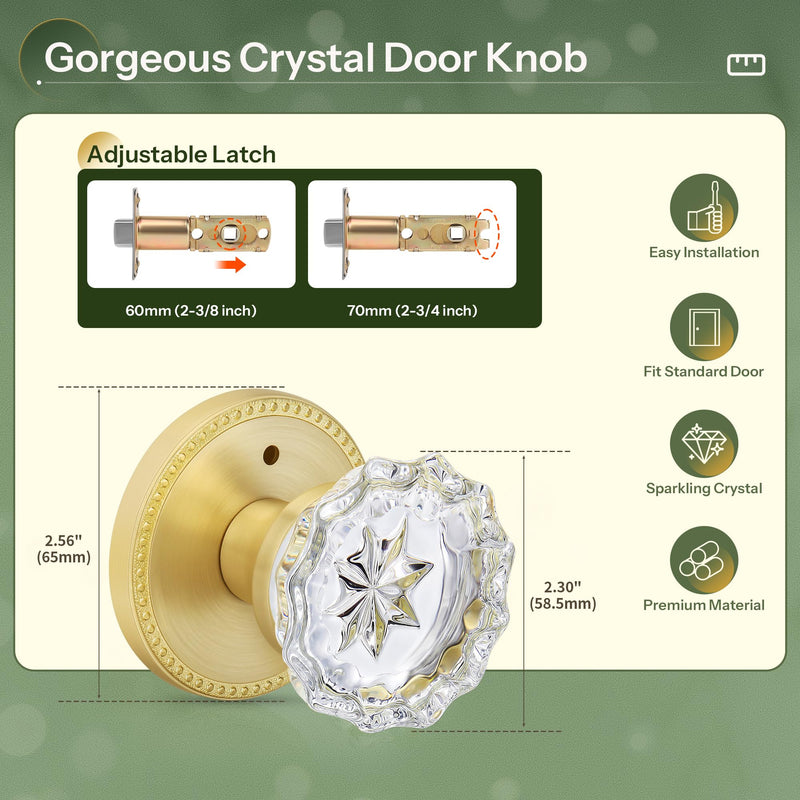 Moquin Modern Gold Interior Crystal Door Knob with Lock (No Key), Privacy Glass Door Knob with Privacy Button for Bathroom, Bedroom or Closet, Satin Brass Epiphyllum+Round with Bead Cover (Satin Brass)