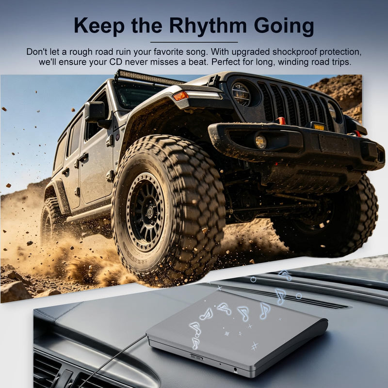 External CD Player for Car, USB/AUX Connection, Universal Compatibility | Portable, Anti-Skip, Shockproof, Vehicles, Resume, Steering-Wheel Remote, Compact Design, Hidden Cable, Plug & Play