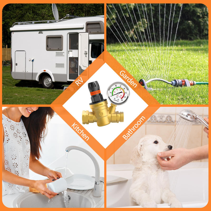 RV Water Pressure Regulator, Handle Adjustable Knob No Tool Required Pressure Regulator,Brass Lead-Free Water Pressure Reducer with Gauge for RV Camper Travel Trailer,Suitable for NH Thread stainless steel gauge
