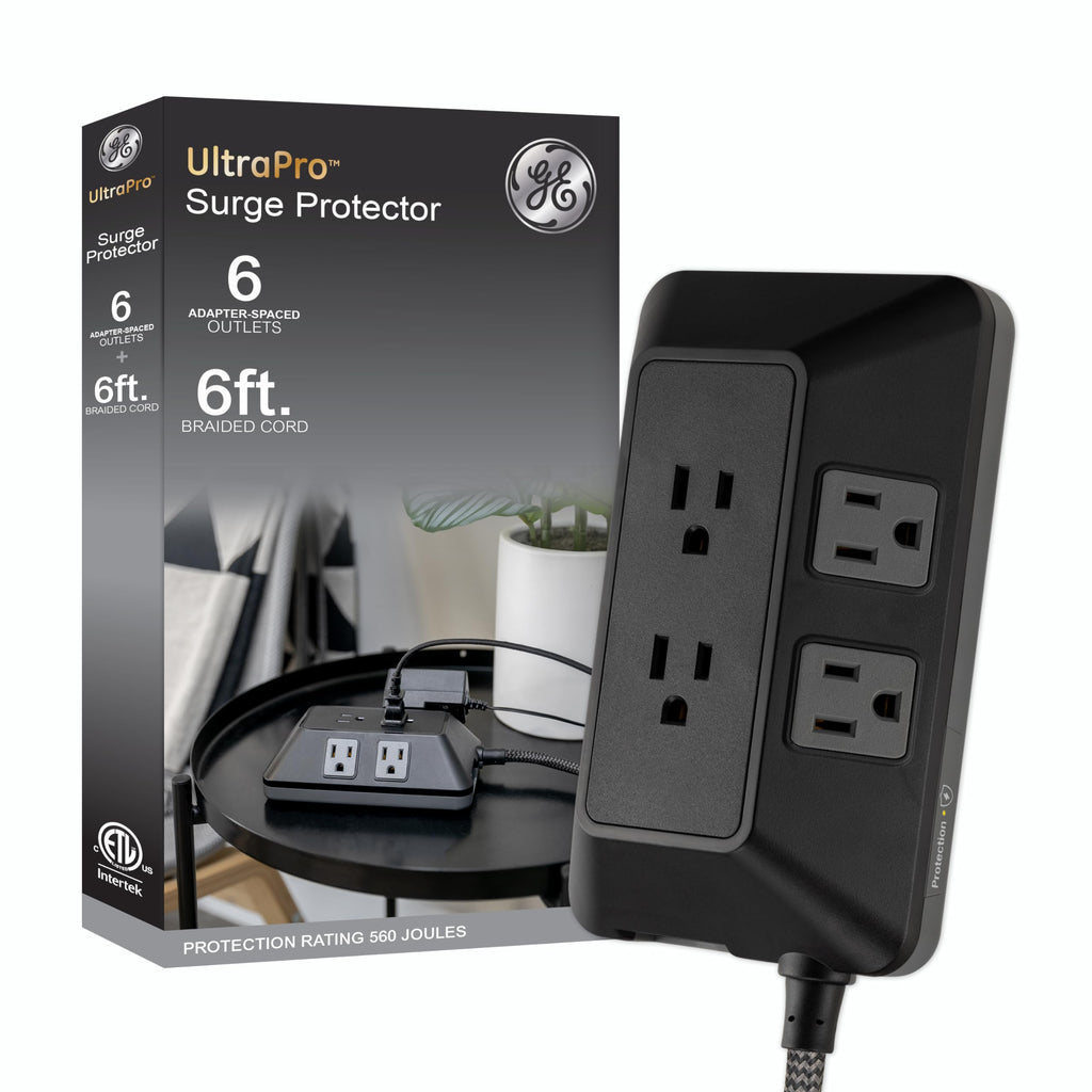 GE 6-Outlet Surge Protector, 6 Ft Braided Extension Cord Power Strip, Flat Plug, Adapter Spaced, for Home, School, and Office, 560J, Black - 70614 6 Outlet | 6 Ft