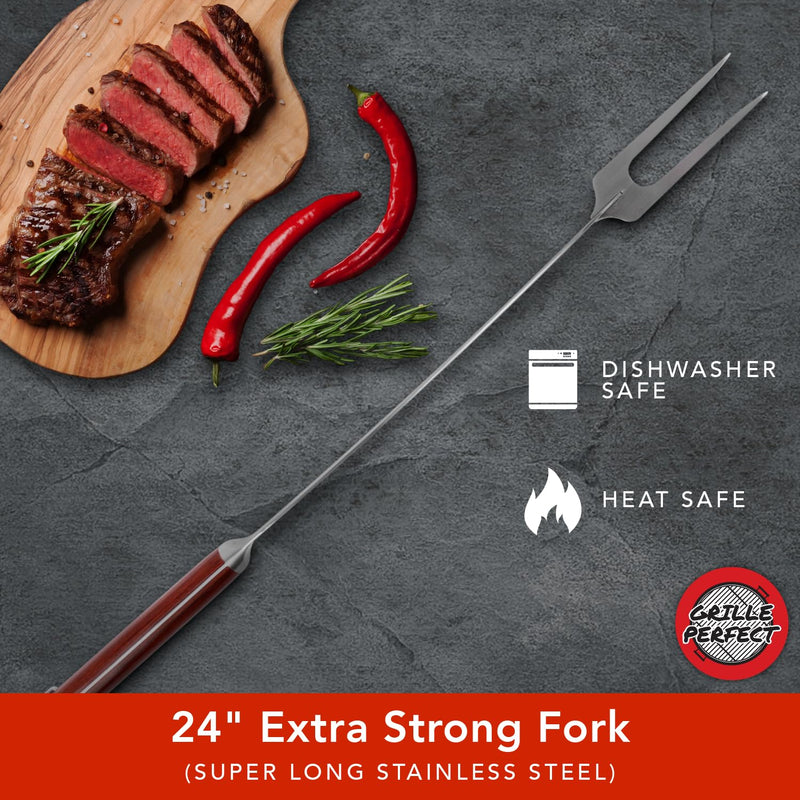 Grill Fork 24-inch Super Long for Grilling Barbecue Griddle and Fire Pit Extra Strong Curved Neck Premium Hardwood Handle Large Stainless Steel Tines for BBQ Outdoor Kitchen and Grilled Food Grilling Fork